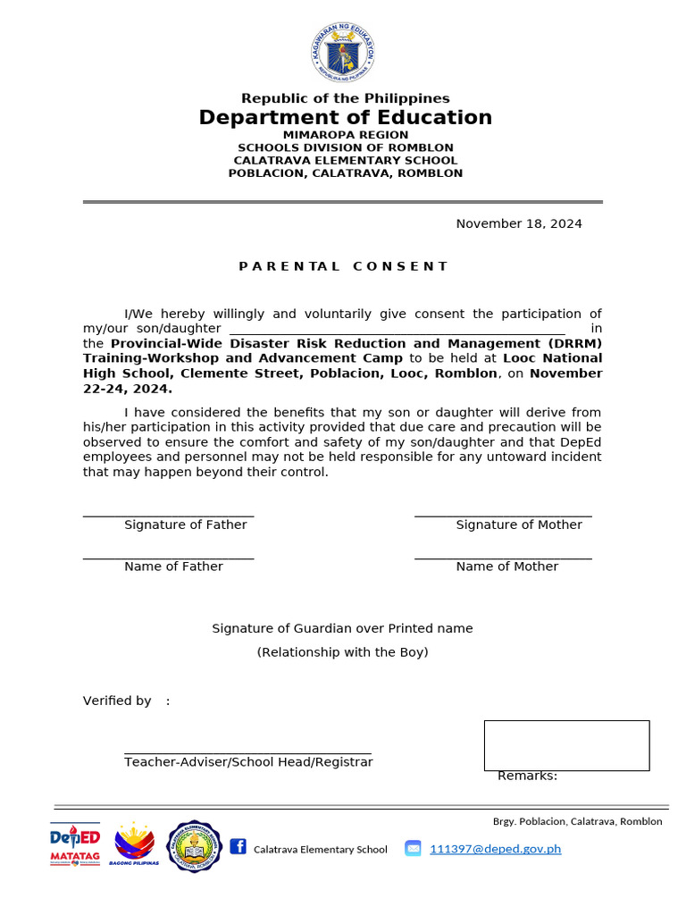 Parental Consent for DRRM Training | PDF