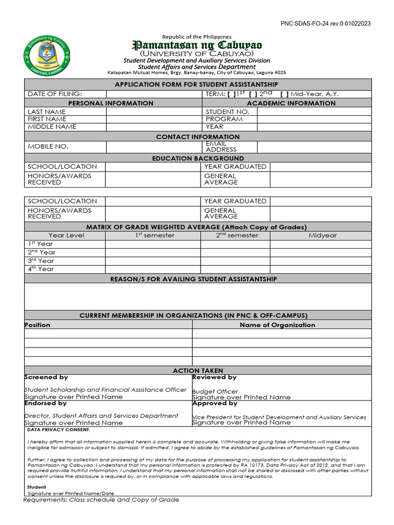 PNC SDAS-FO-24 Application Student Assistant (20230110141056) | PDF ...