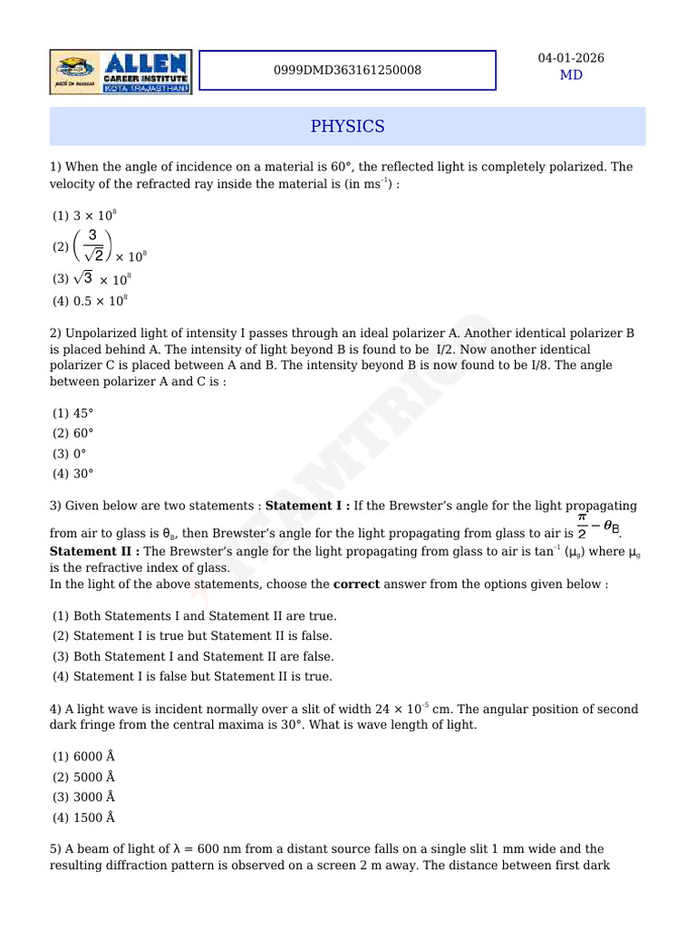 Physics Problems on Light and Optics | PDF | Diffraction | Conservation ...