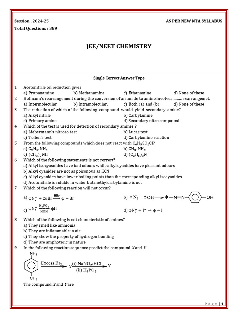 JEE/NEET Chemistry: Amines Practice Questions | PDF | Amine | Chemical ...