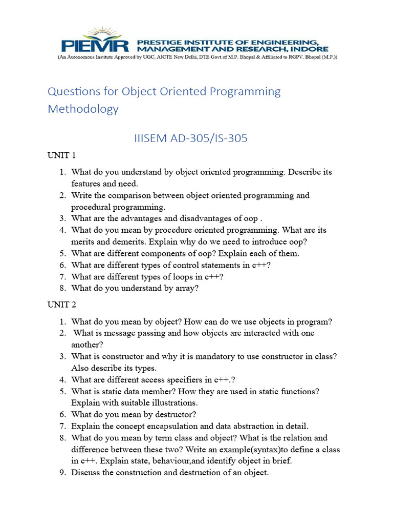 Object Oriented Programming Questions | PDF | Class (Computer ...