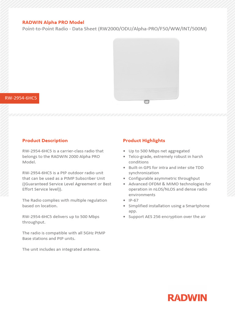 RADWIN Alpha PRO PtP Radio Data Sheet | PDF | Radio | Networking Standards