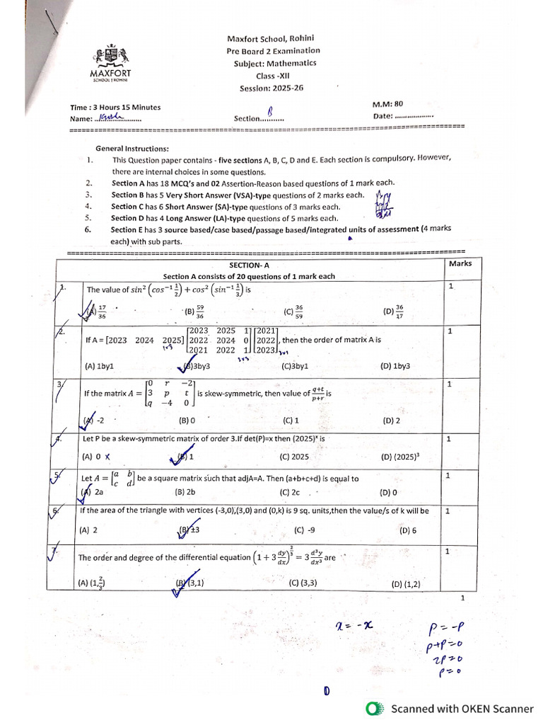 Maths Pre Board Paper - 1,2 | PDF