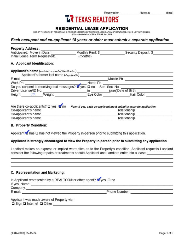 Texas Residential Lease Application Form | PDF | Leasehold Estate ...