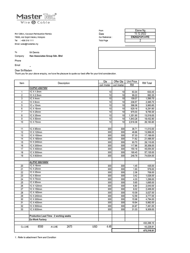 Master Tec Wire & Cable Quotation | PDF | Invoice | Business