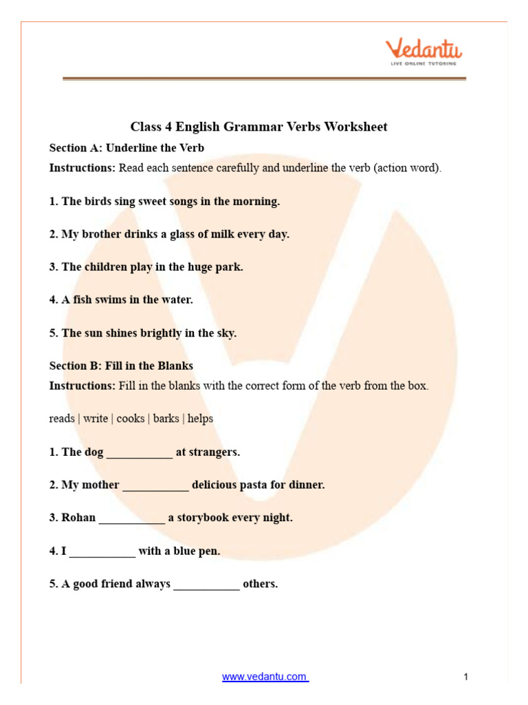 Class 4 English Verbs Worksheet | PDF | Verb | Language Mechanics