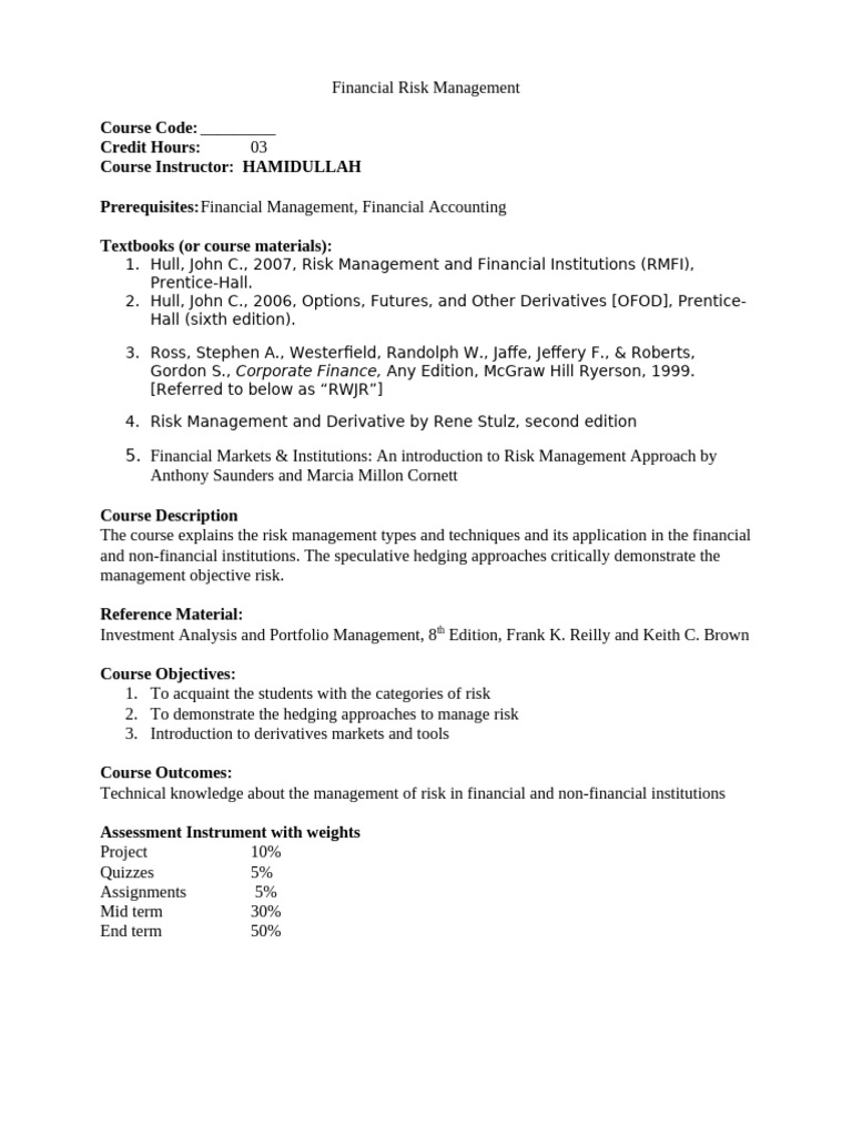 Financial Risk Management by Hamidullah | PDF | Risk | Liquidity Risk