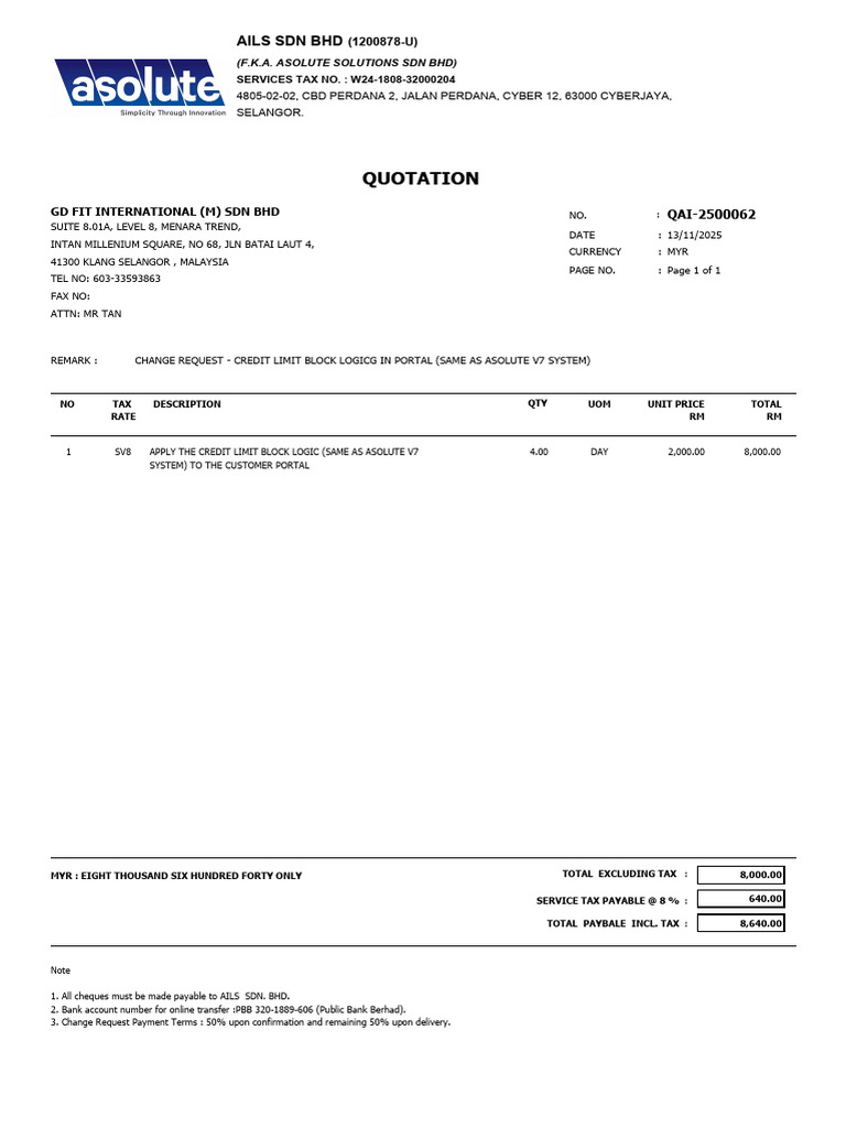 Quotation for Credit Limit Logic Change | PDF