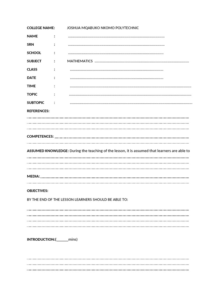 Mathematics Lesson Plan Template | PDF