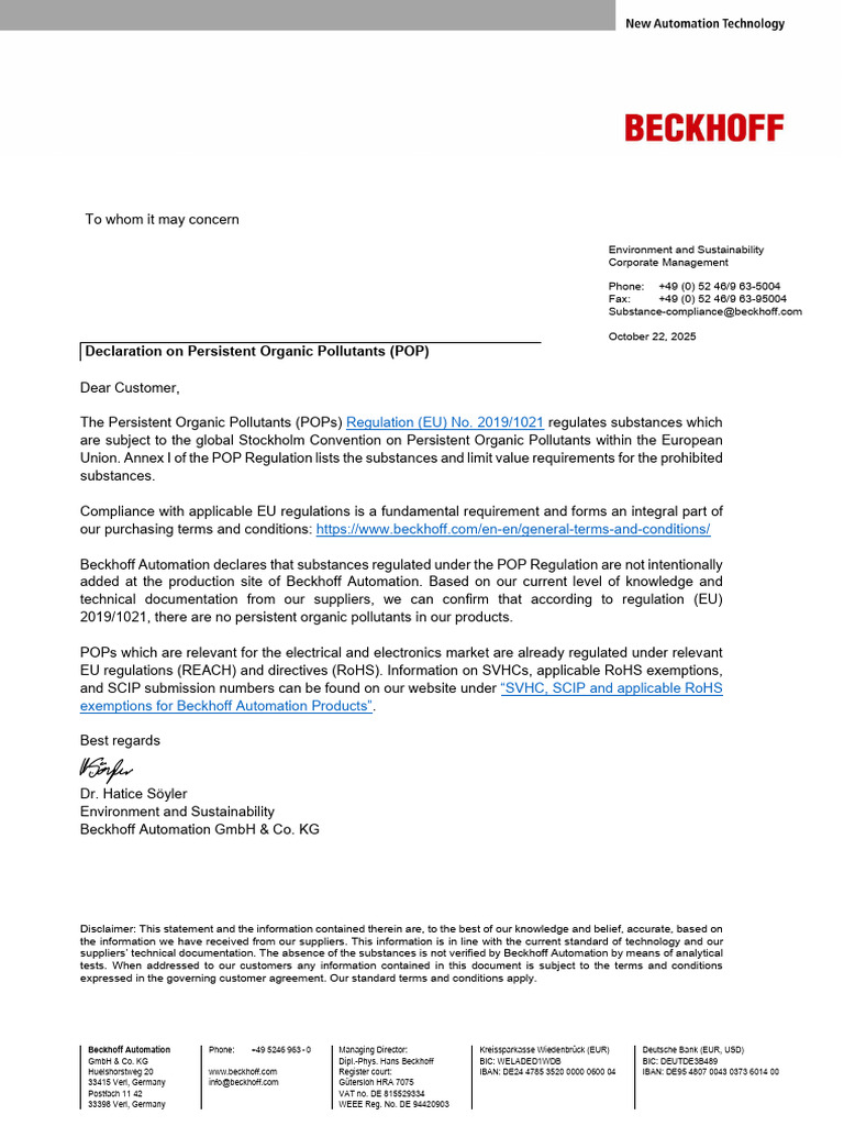 Beckhoff POPs Compliance Declaration | PDF