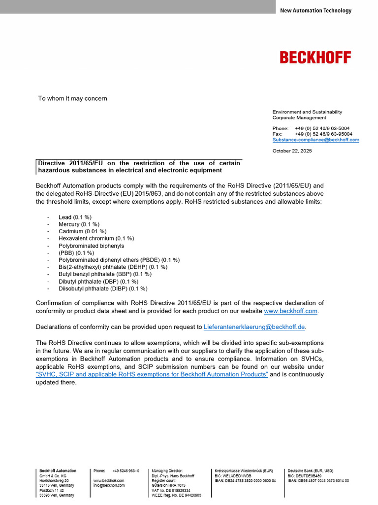 Beckhoff RoHS Compliance Statement | PDF | Occupational Safety And ...