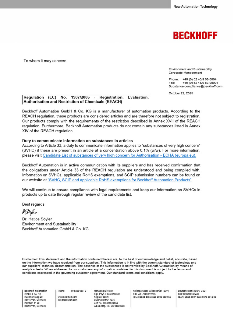 Beckhoff Automation REACH Compliance Statement | PDF
