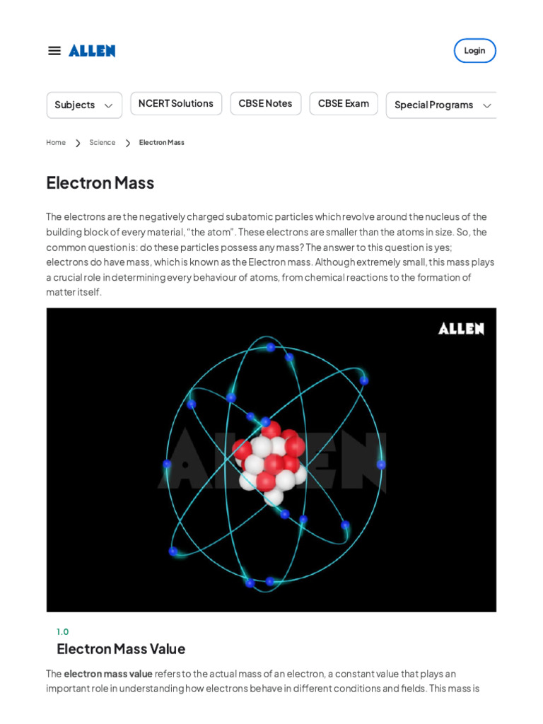 Electron Mass - Value, Definition, and Significance | PDF | Electron | Mass