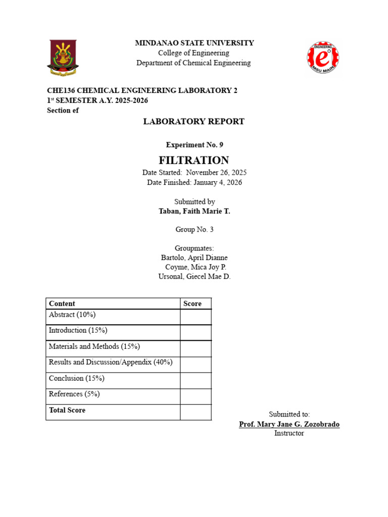 Filtration Experiment Report: CHE136 | PDF | Filtration | Liquids