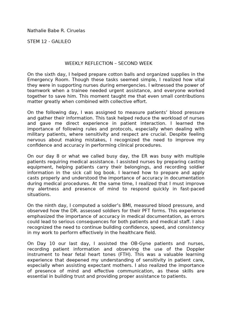 Reflection - Second Week | PDF | Nursing | Emergency Department