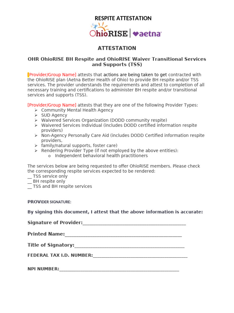 OhioRISE Respite Attestation Form | PDF