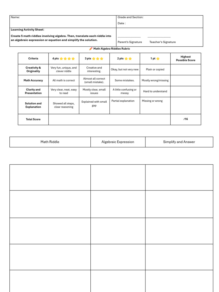 1 Rubric in Math Riddles | PDF