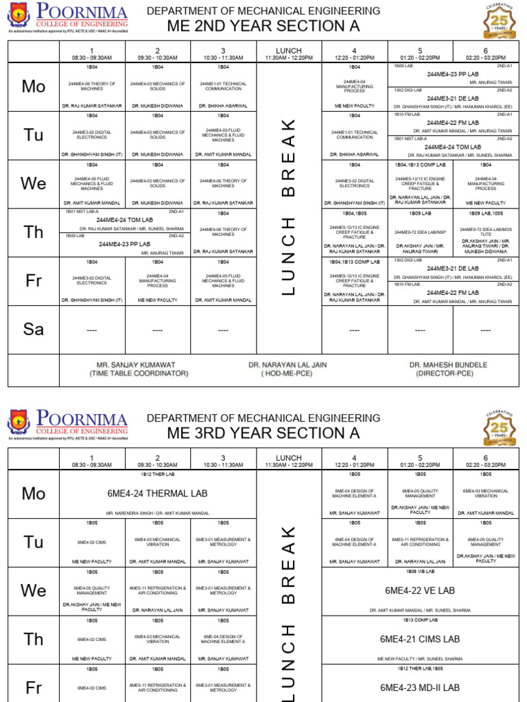 Mechanical Engineering Course Schedule | PDF