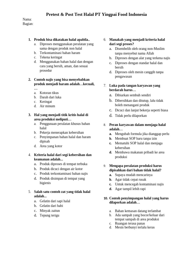 Pretest & Post Test Halal PT Yingpai Food | PDF