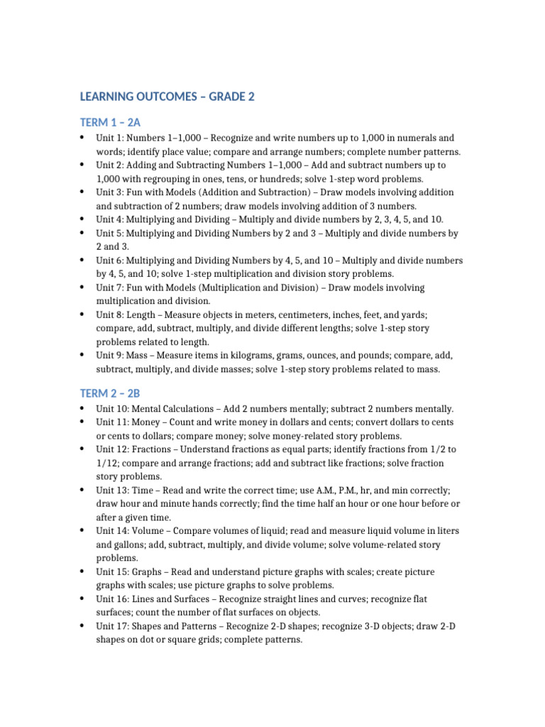 Grade 2 Math Learning Outcomes | PDF | Multiplication | Volume