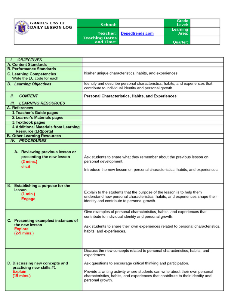 Daily Lesson Log: Personal Growth & Identity | PDF | Intelligence ...