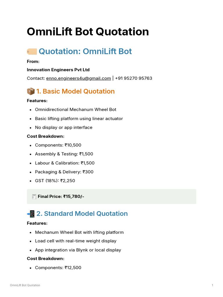 OmniLift Bot Quotation | PDF