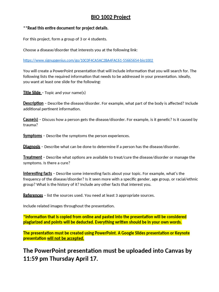 BIO 1002 Project Info and Rubric | PDF | Page Layout | Diseases And ...