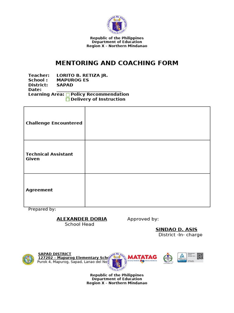 Mentoring and Coaching Form - Mapurog ES | PDF | Southeast Asia ...