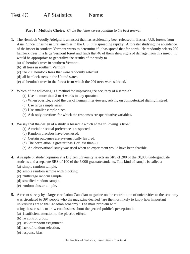 AP Statistics Test 4C Review Questions | PDF | Sampling (Statistics ...