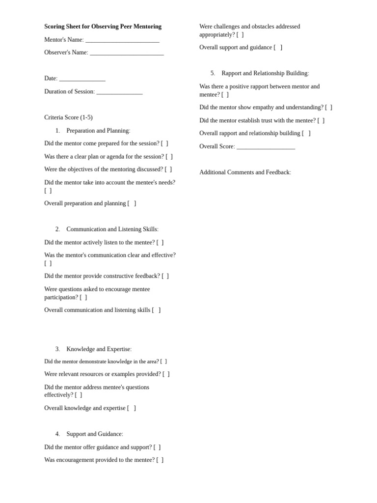 Scoring Sheet for Observing Peer Mentoring | PDF