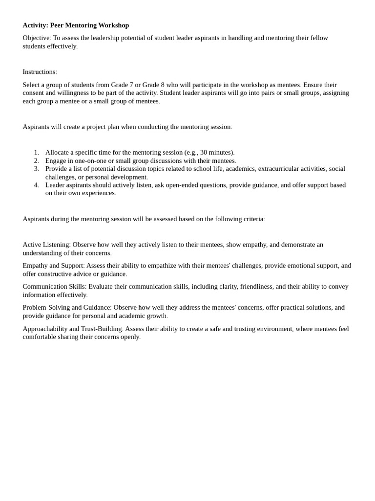 Peer Mentoring Workshop for Student Leaders | PDF