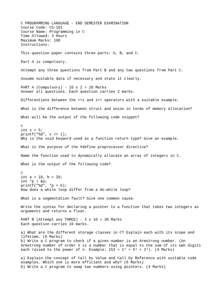 C Programming End Semester Exam Guide | PDF | Computer Programming ...