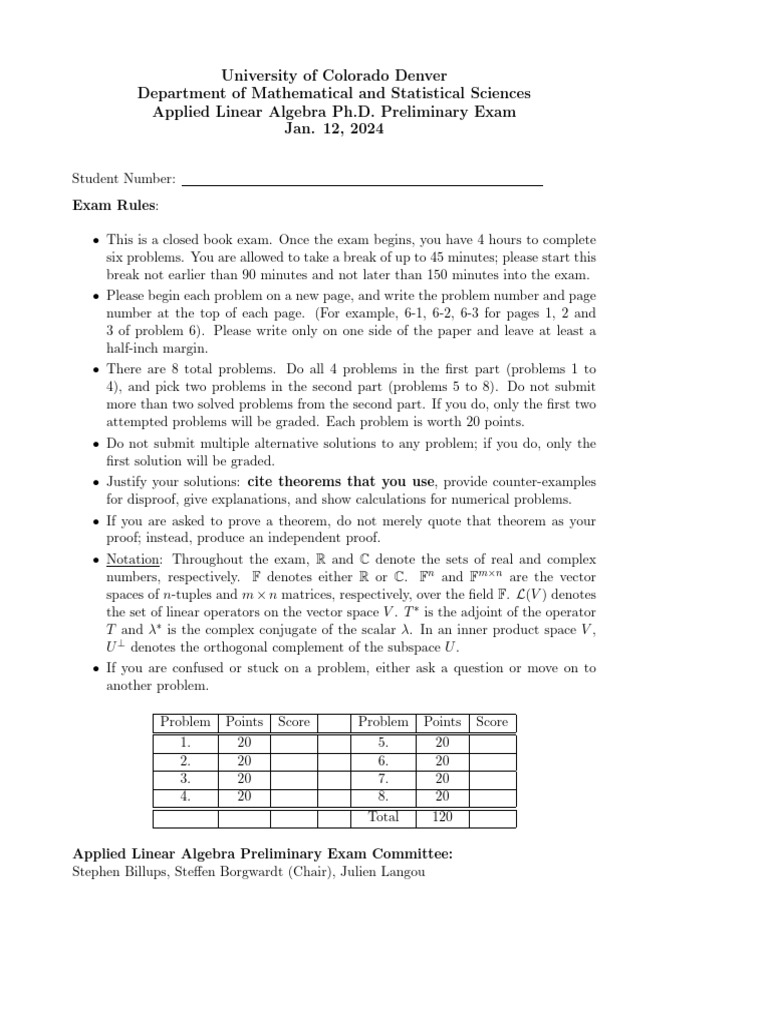 Applied Linear Algebra Ph.D. Exam Guide | PDF | Linear Subspace | Basis ...