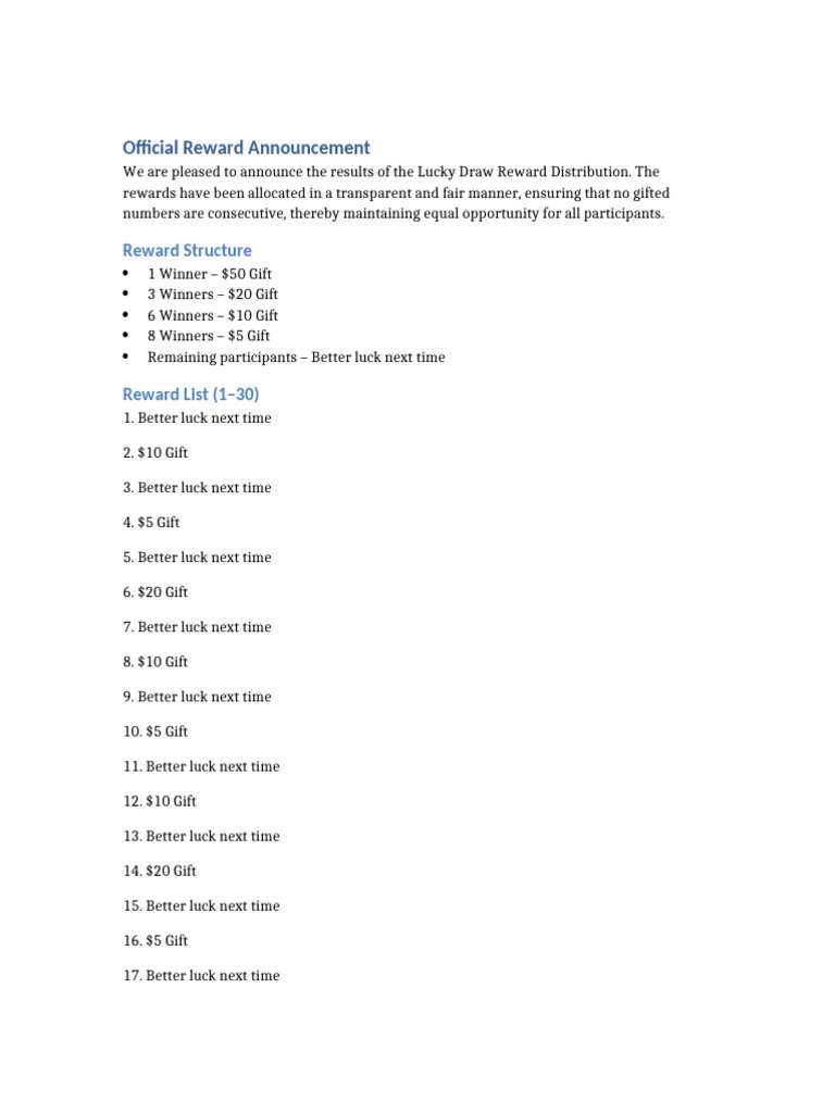 Lucky Draw Reward Announcement | PDF