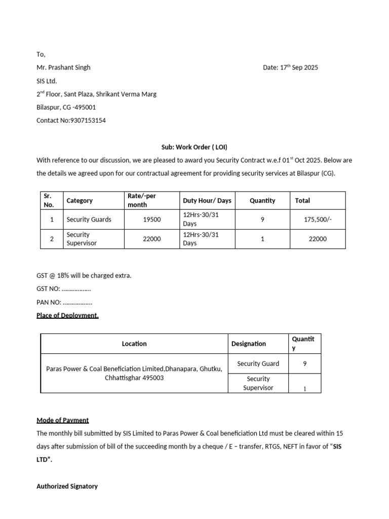 Security Contract Work Order Details | PDF