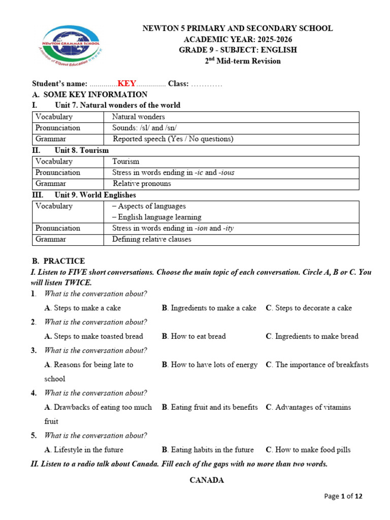 Grade 9 English Mid-term Revision Guide | PDF | English Language | Vietnam