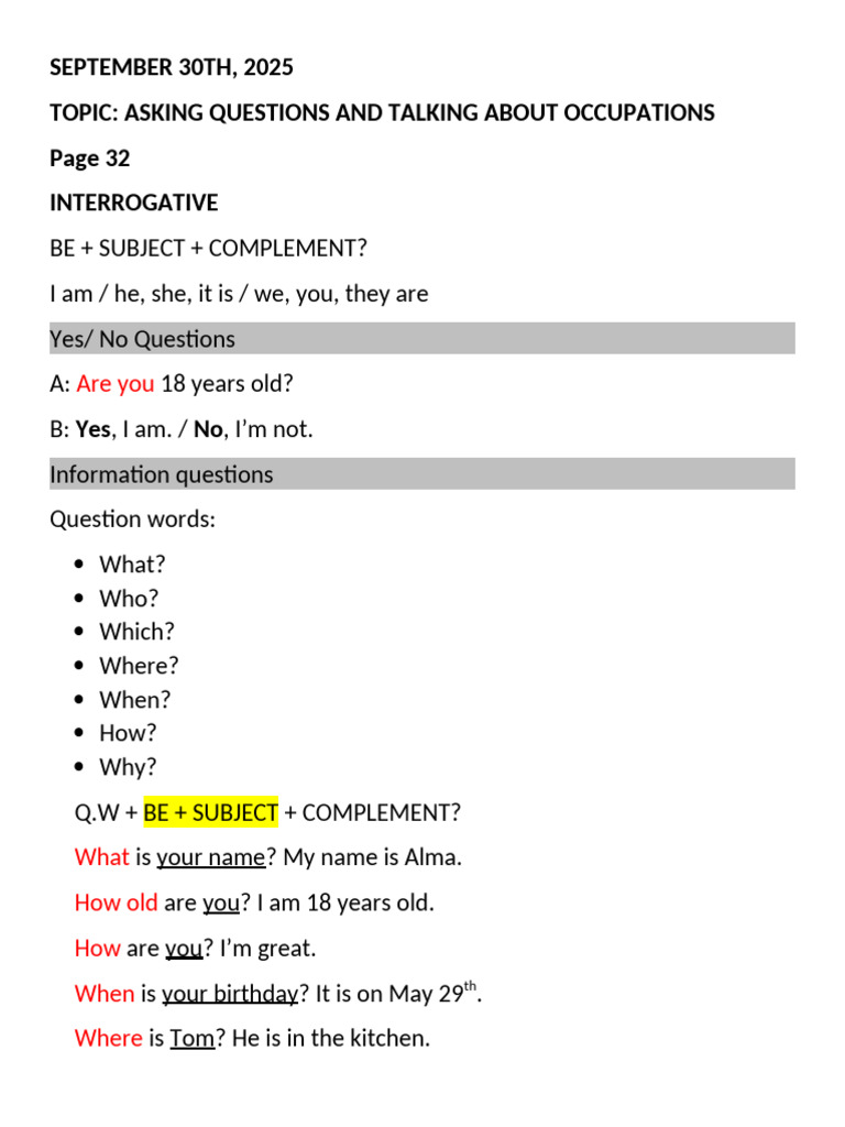 Questions and Occupations Guide | PDF