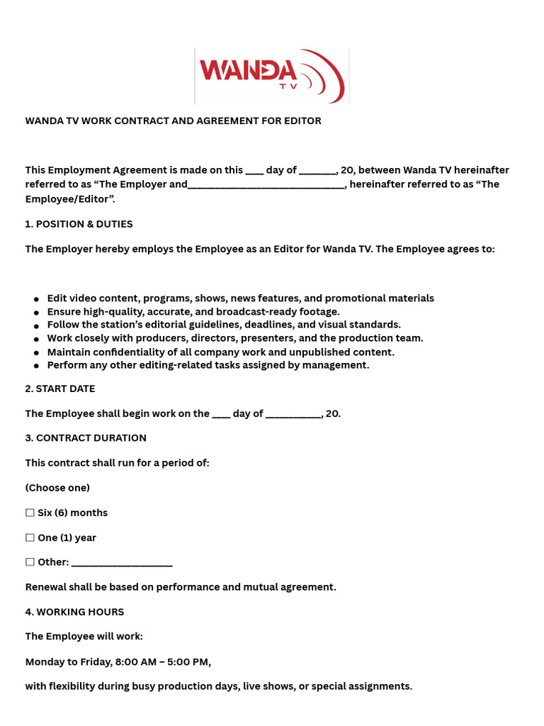 Wanda TV Editor Employment Contract | PDF | Employment | Overtime
