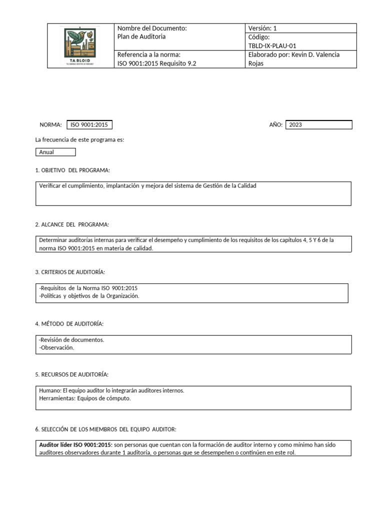 Plan de Auditoría ISO 9001:2015 | PDF | Auditoría | Sistema de manejo ...