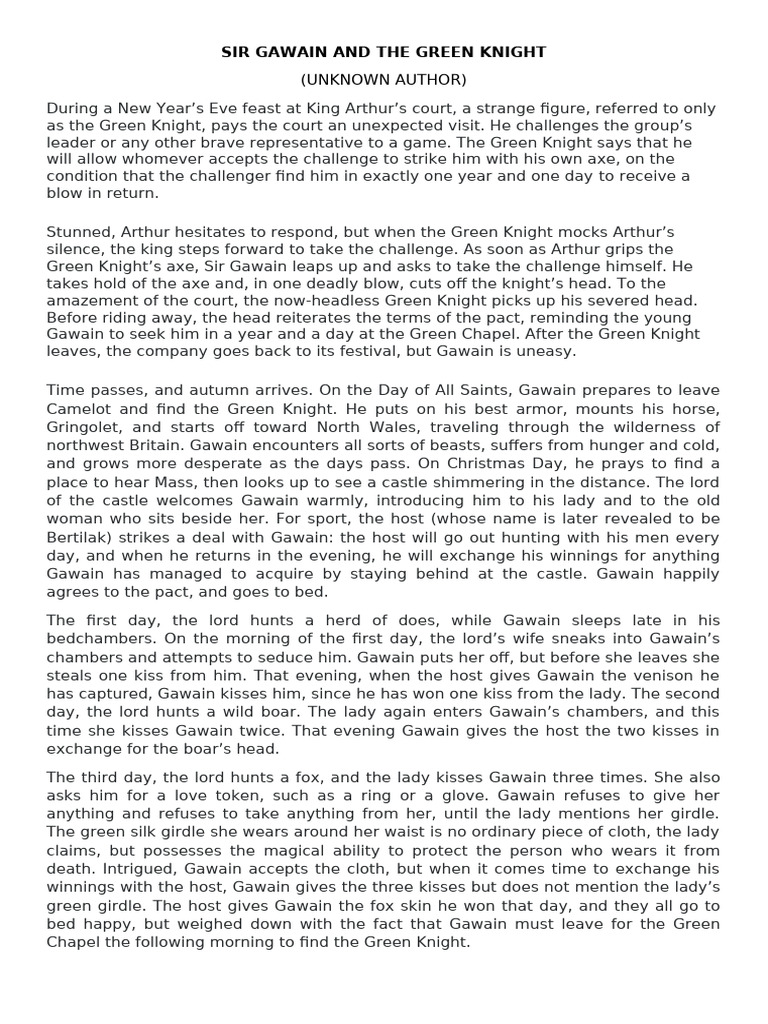 Sir Gawain and the Green Knight Summary | PDF | Green Knight | Middle ...