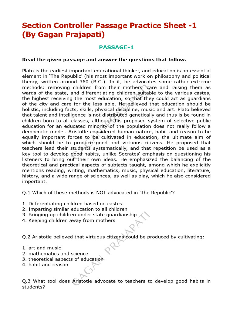 Section Controlle Passage Practice Set (by Gagan Prajapati) | PDF