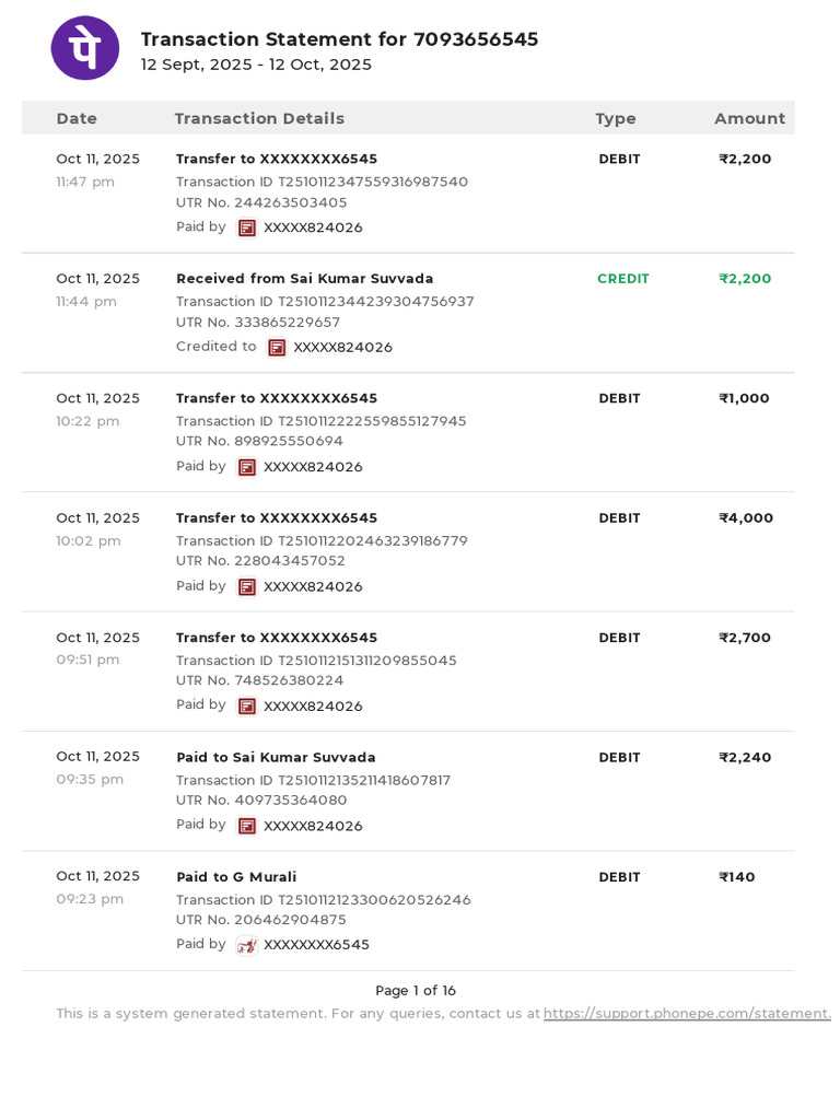 Transaction Statement: 7093656545 | PDF | Debits And Credits | Debit Card