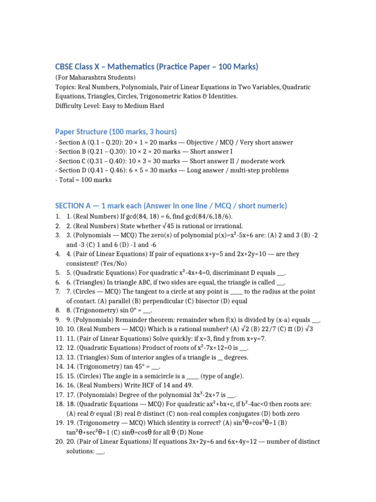 CBSE Class X Math Practice Paper | PDF | Equations | Quadratic Equation