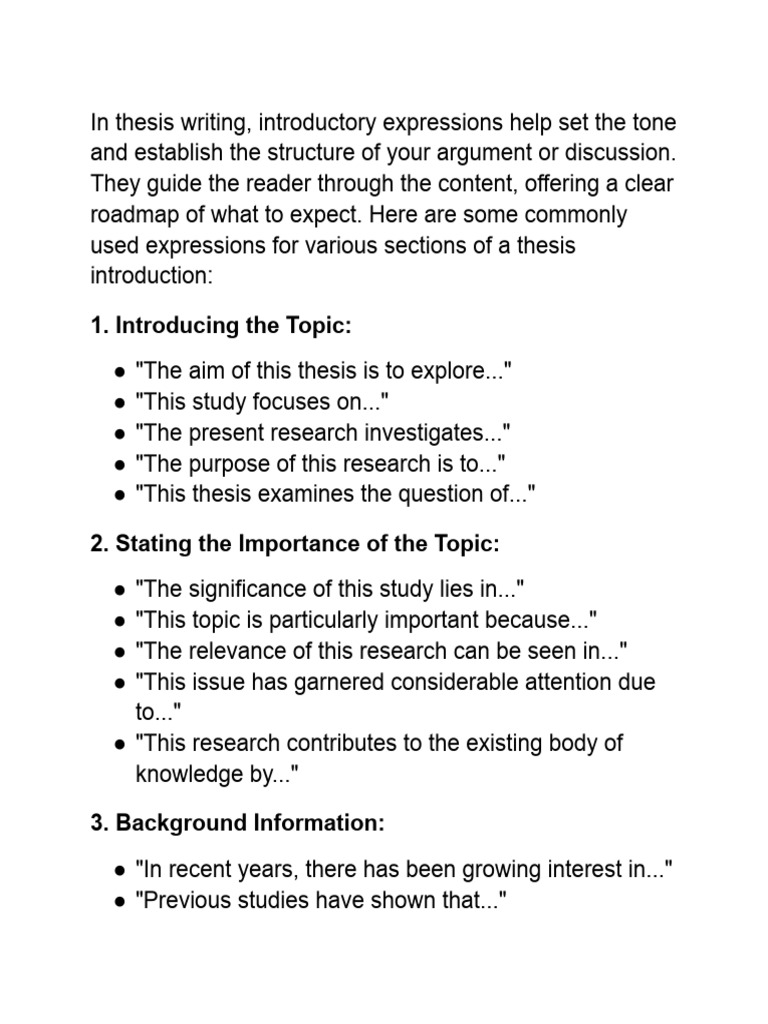 Thesis Writing: Key Introductory Expressions | PDF | Methodology | Argument
