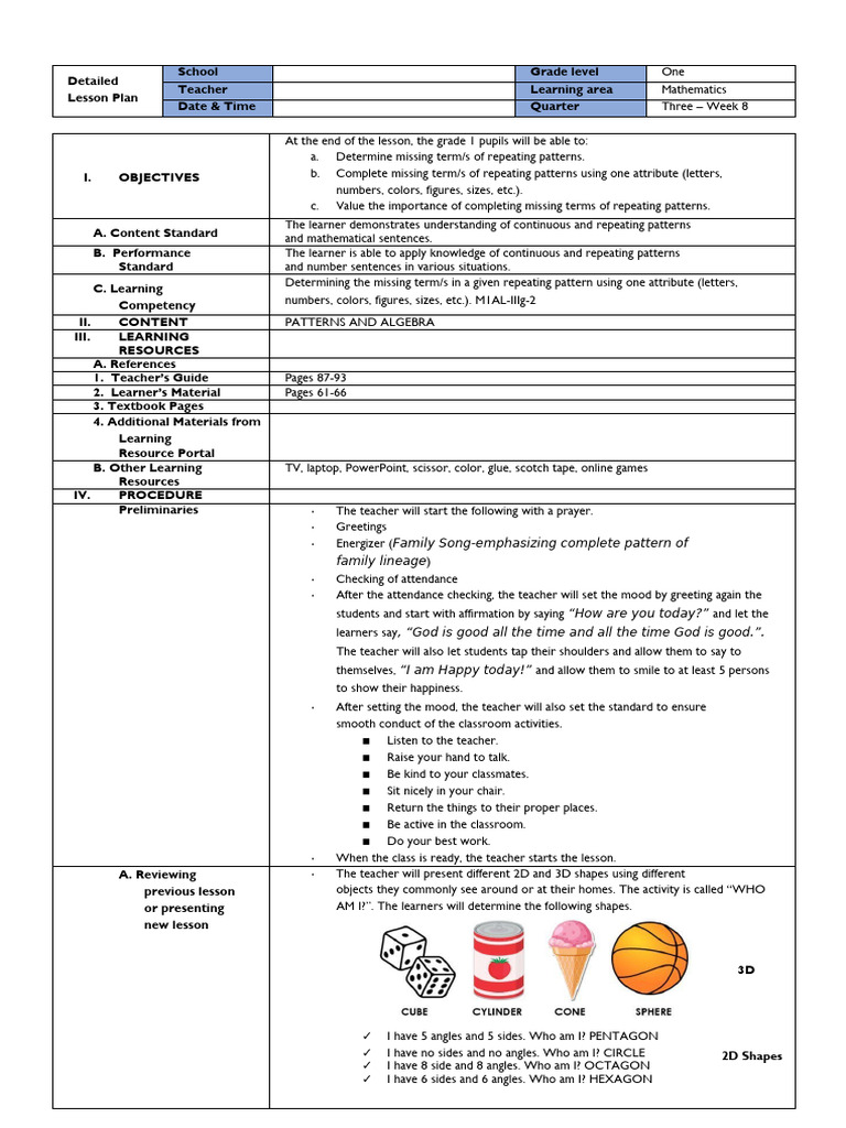 COT Grade 1 3rd Qtr Patterns and Algebra | PDF | Teachers | Learning