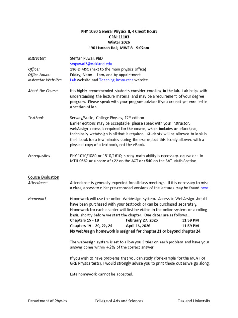 PHY 1020 General Physics II Course Guide | PDF