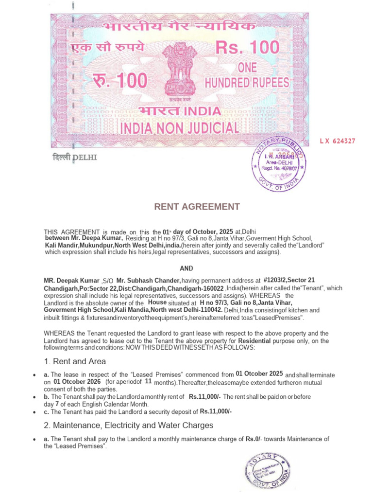 DEEPAK KUMAR-Rent-Agreement-Delhi-01 oct to 01 otc ss | PDF | Lease ...