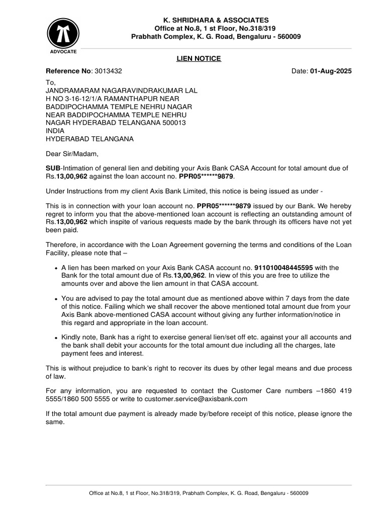 Lien Notice for Outstanding Loan Payment | PDF | Payments | Financial ...