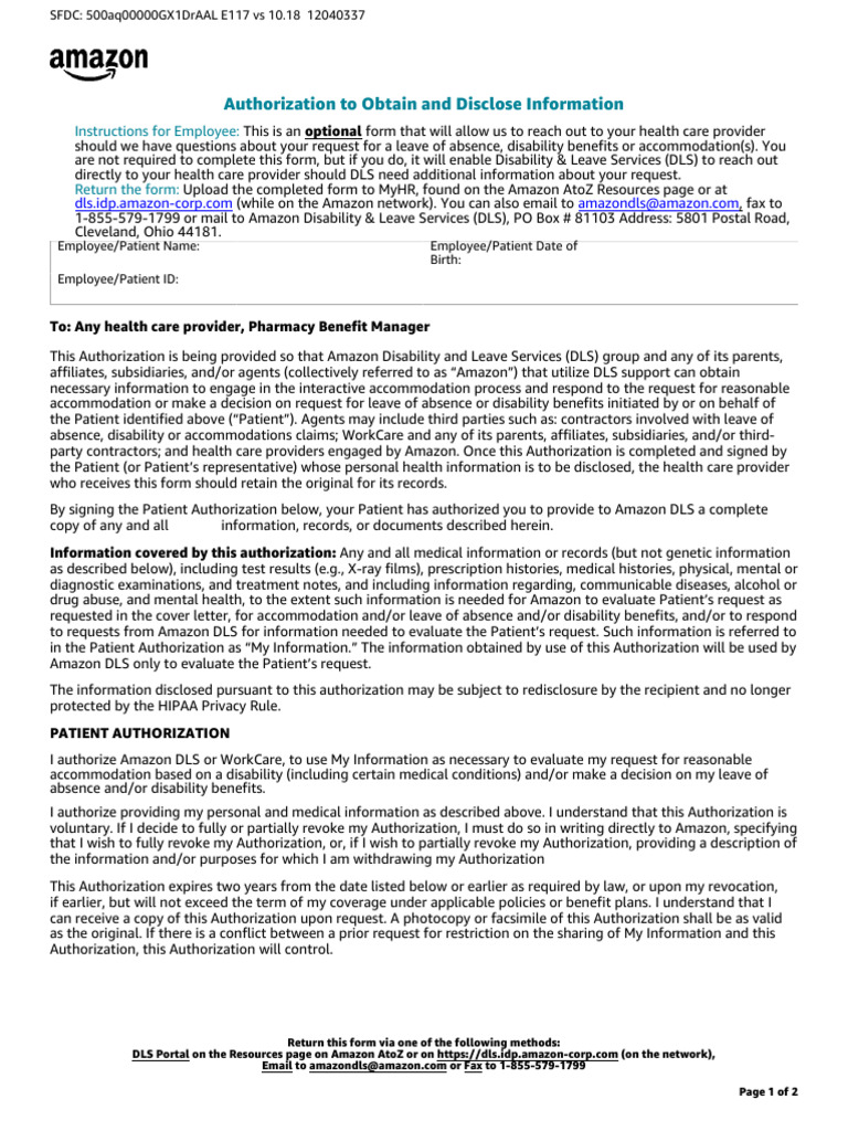 Amazon Leave Authorization Form | PDF | Medical Record | Health ...