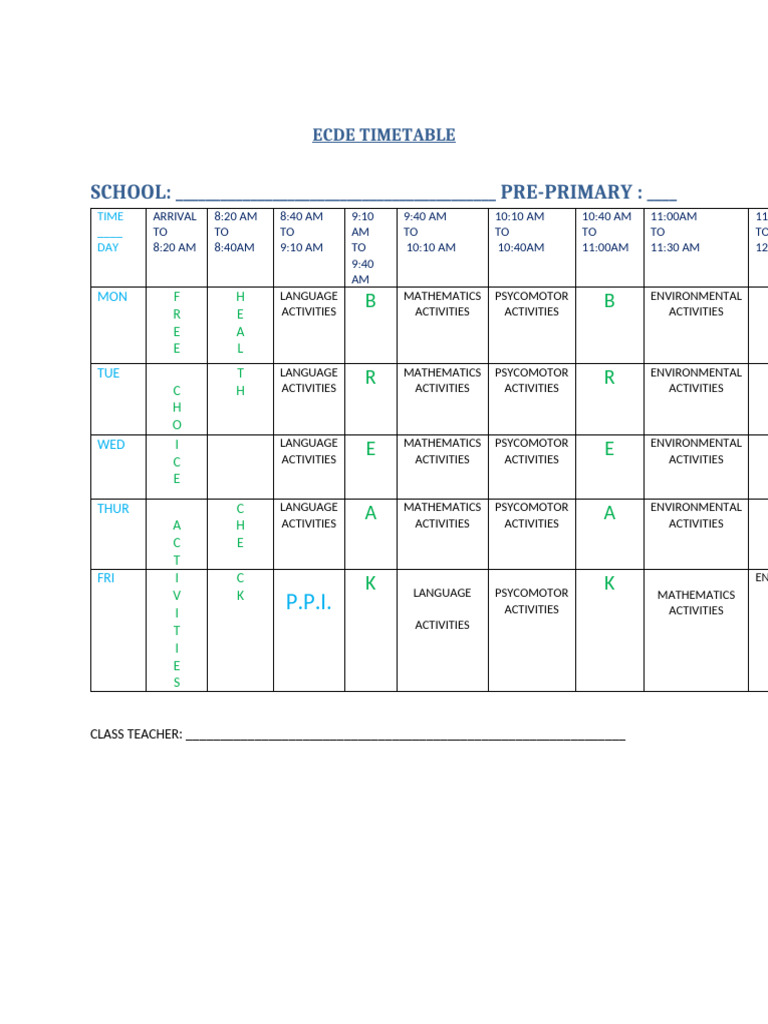Pre-Primary ECDE Timetable Guide | PDF